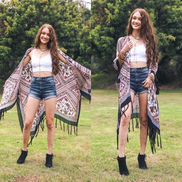 Boho Fringe Tassel Kimono kimono Wrap Top Shawl - Picture 5 of 8